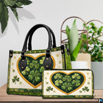 Green clover heart handbag with coordinated wallet on a tabletop