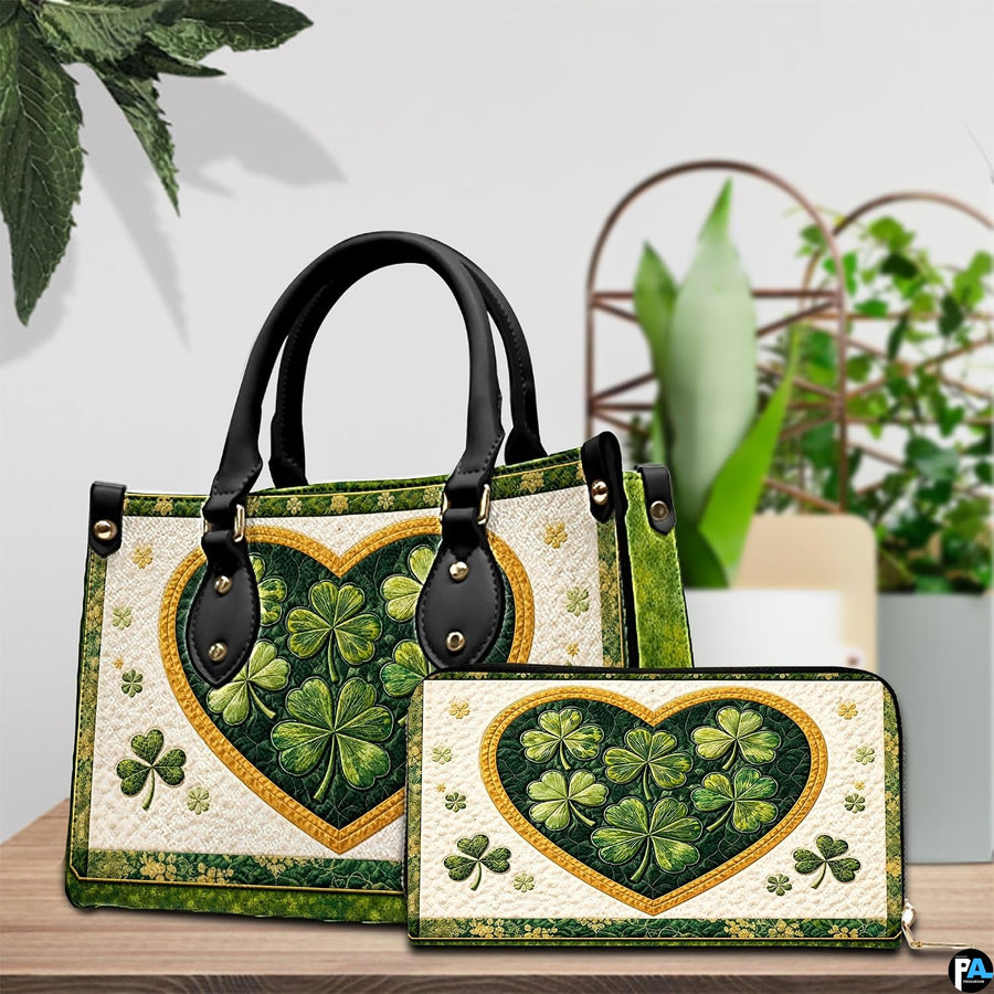 Green clover heart handbag with coordinated wallet on a tabletop