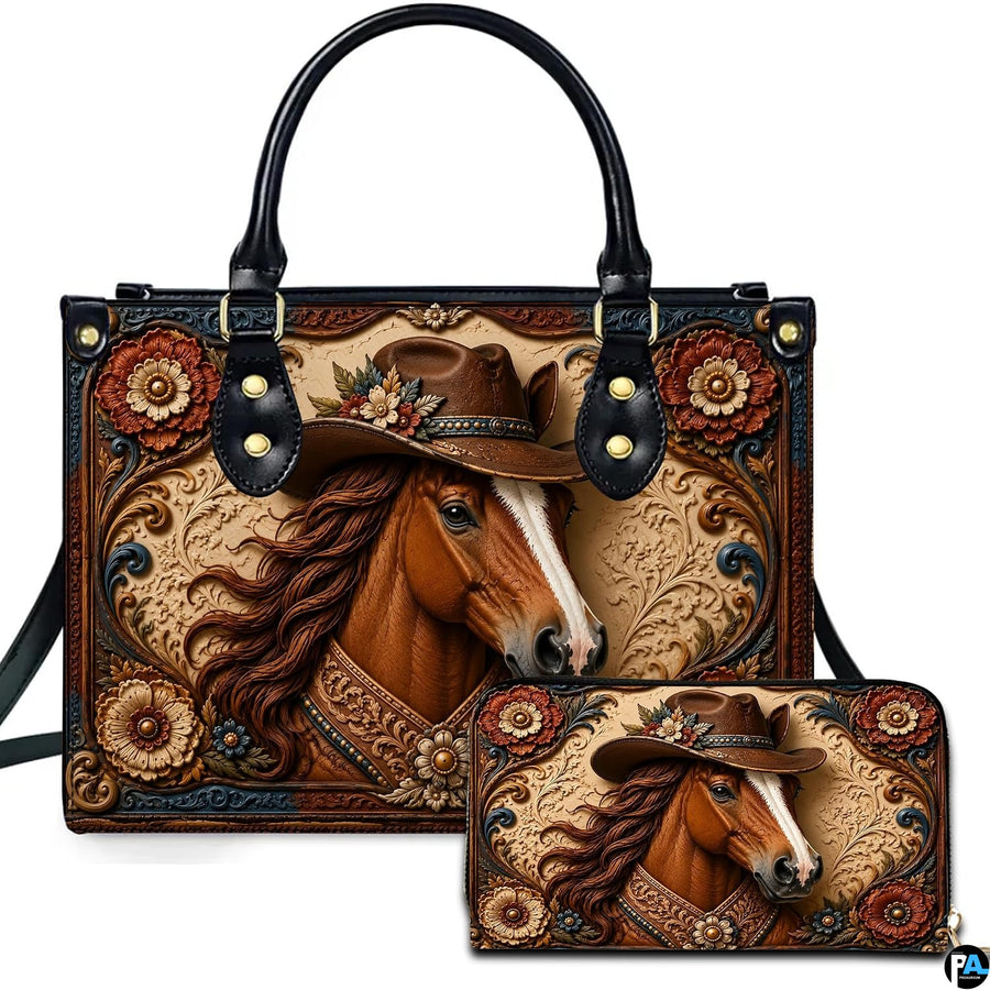 Cowboy horse artwork showing an equine portrait wearing a cowboy hat on companion accessories before a white backdrop.