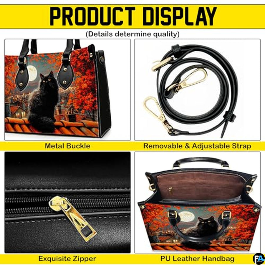 Black Cat Leather Bag – Vintage Cat Art Handbag, Stylish Animal-Themed Purse, Unique Gift for Cat Lovers