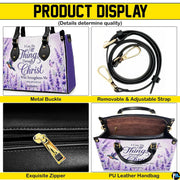 Side perspective of lavender floral handbag displaying structured shape