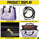 Side perspective of lavender floral handbag displaying structured shape