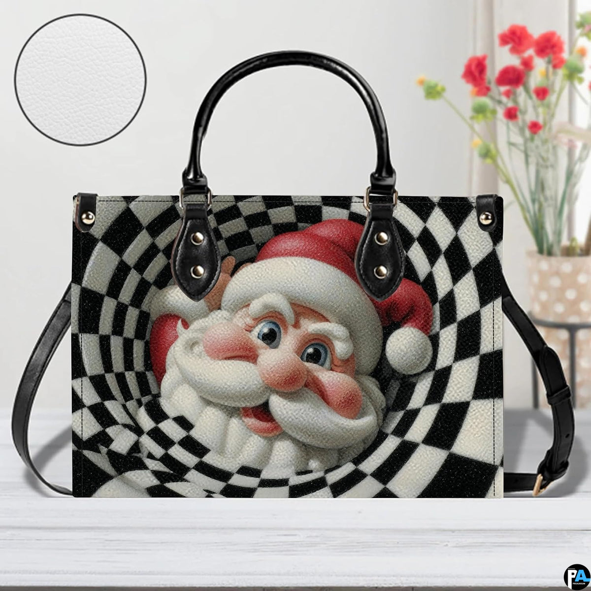 Front view of optical illusion checkered vortex Santa Claus handbag displayed next to floral vase