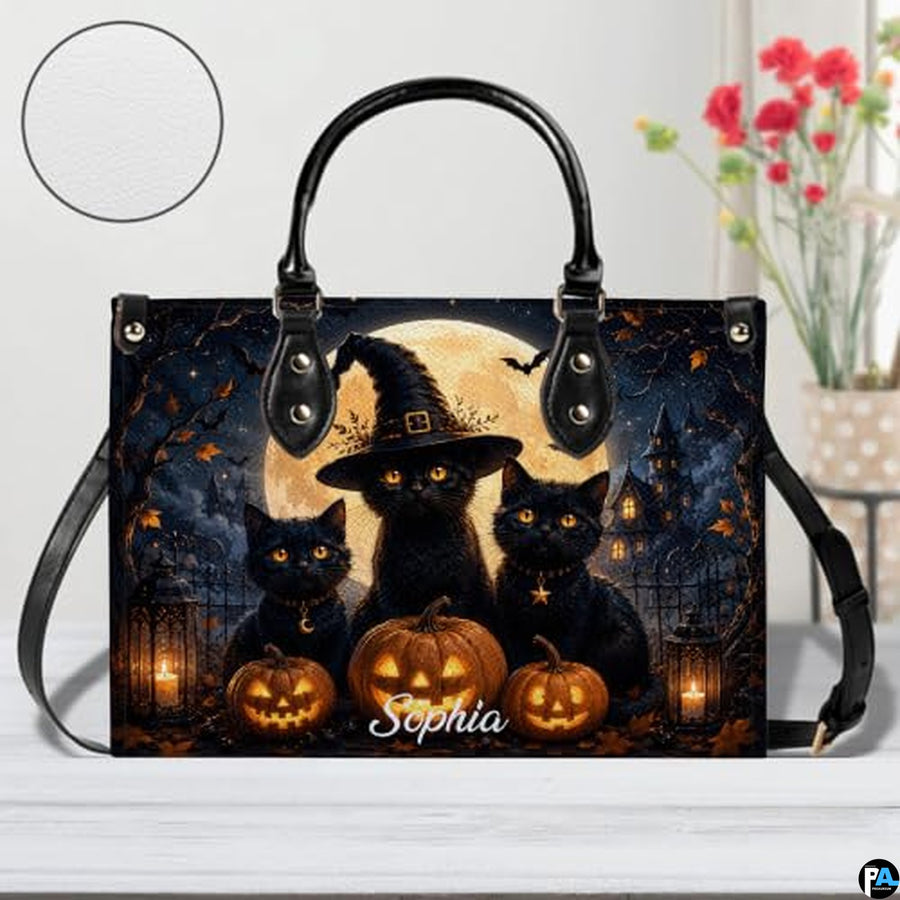 Black Cat Leather Bag – Vintage Cat Art Handbag, Stylish Animal-Themed Purse, Unique Gift for Cat Lovers
