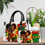 Black woman portrait handbag and matching wallet in red yellow and green
