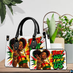 Black woman portrait handbag and matching wallet in red yellow and green