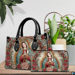 Matching handbag and zippered wallet set displayed together with Guadalupe art.