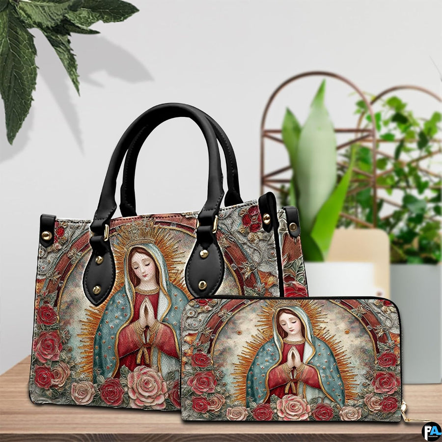Matching handbag and zippered wallet set displayed together with Guadalupe art.