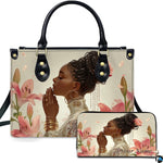 Front studio shot of matching items displaying praying woman artwork surrounded by pink lilies and floral petals.