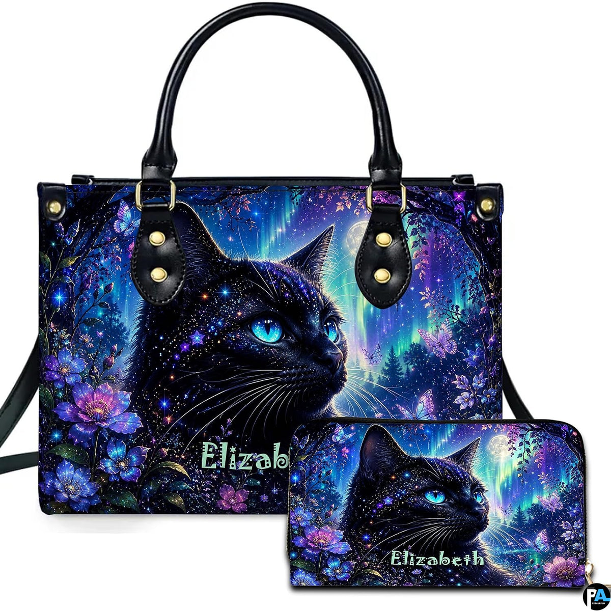 Studio presentation showing aurora cat artwork alongside matching companion accessory on plain white surface.