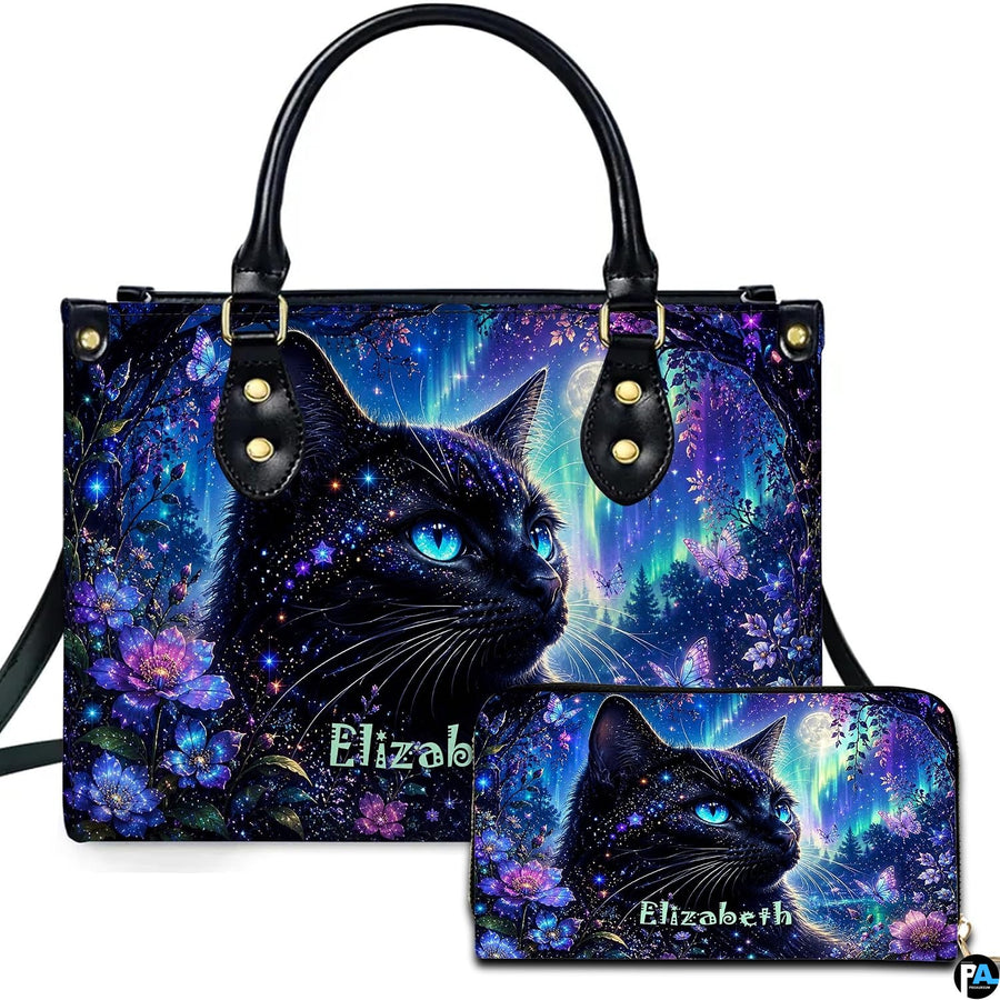 Studio presentation showing aurora cat artwork alongside matching companion accessory on plain white surface.