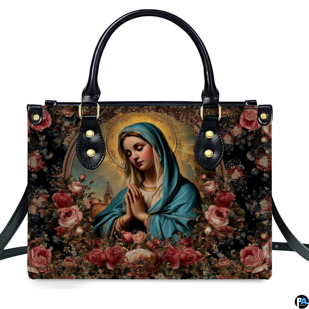 Isolated front view of devotional handbag with cerulean mantle Virgin Mary and roses