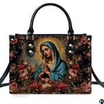 Isolated front view of devotional handbag with cerulean mantle Virgin Mary and roses