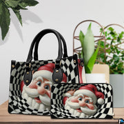 Coordinated handbag and zippered wallet featuring matching optical illusion Santa Claus vortex artwork