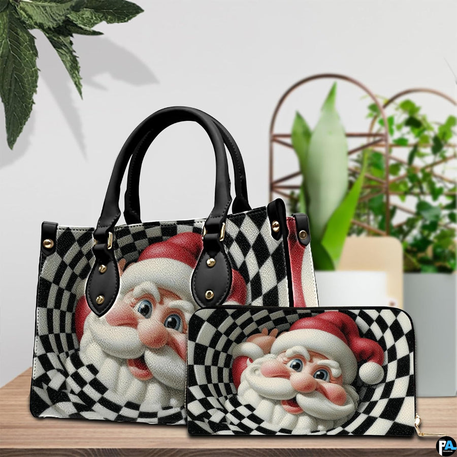Coordinated handbag and zippered wallet featuring matching optical illusion Santa Claus vortex artwork