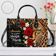 Leopard handbag displayed on white table beside floral bouquet with texture swatch inset.
