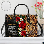 Leopard handbag displayed on white table beside floral bouquet with texture swatch inset.