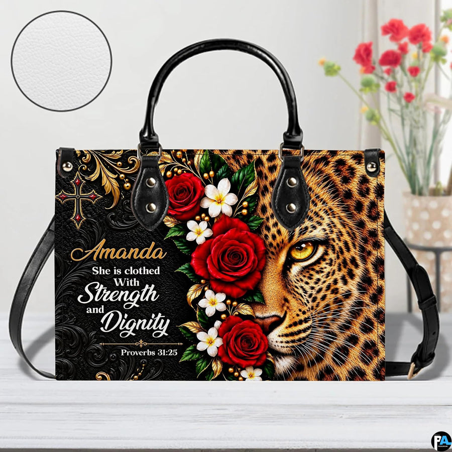 Leopard handbag displayed on white table beside floral bouquet with texture swatch inset.