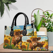 Tabletop decor arrangement showcasing the pastoral sunflower calf artwork alongside green potted plants.