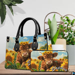 Tabletop decor arrangement showcasing the pastoral sunflower calf artwork alongside green potted plants.