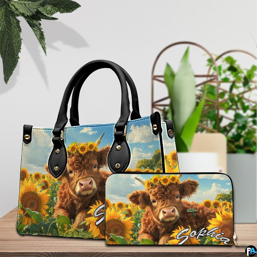 Tabletop decor arrangement showcasing the pastoral sunflower calf artwork alongside green potted plants.