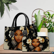 Coordinated artistic duo featuring the gardenia Afrocentric design displayed beside natural greenery.