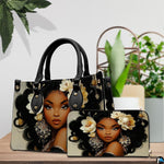 Coordinated artistic duo featuring the gardenia Afrocentric design displayed beside natural greenery.