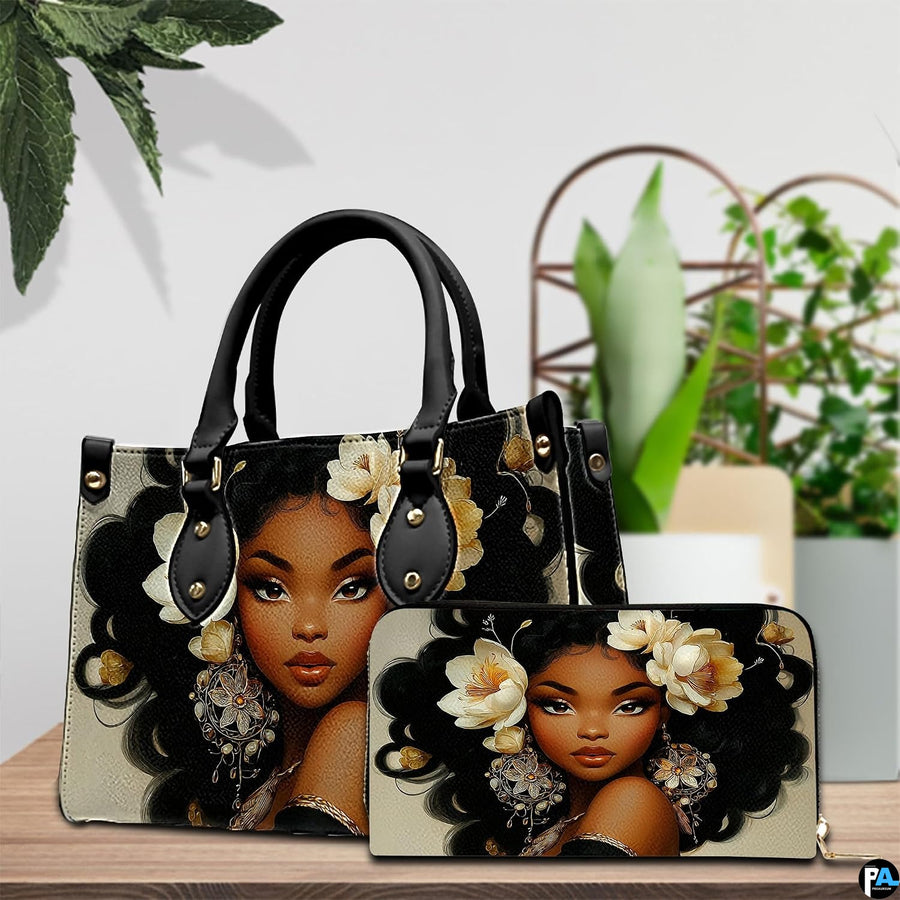 Coordinated artistic duo featuring the gardenia Afrocentric design displayed beside natural greenery.