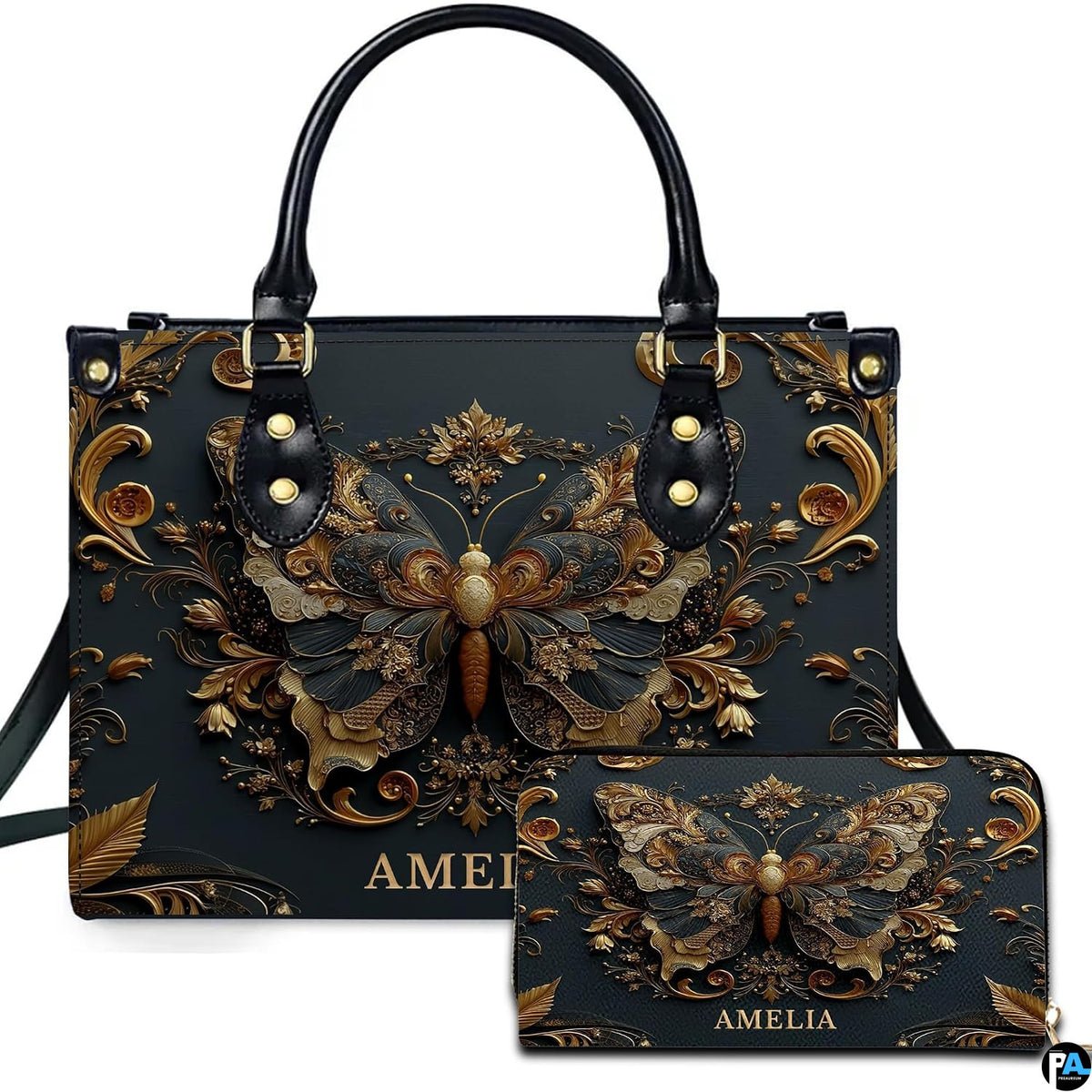 Front view of antique gold Baroque butterfly handbag and matching zip wallet on white backdrop