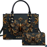Front view of antique gold Baroque butterfly handbag and matching zip wallet on white backdrop
