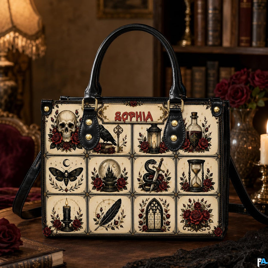 Gothic flash grid satchel displayed on a dark wood table surrounded by antique tomes and candlelight.