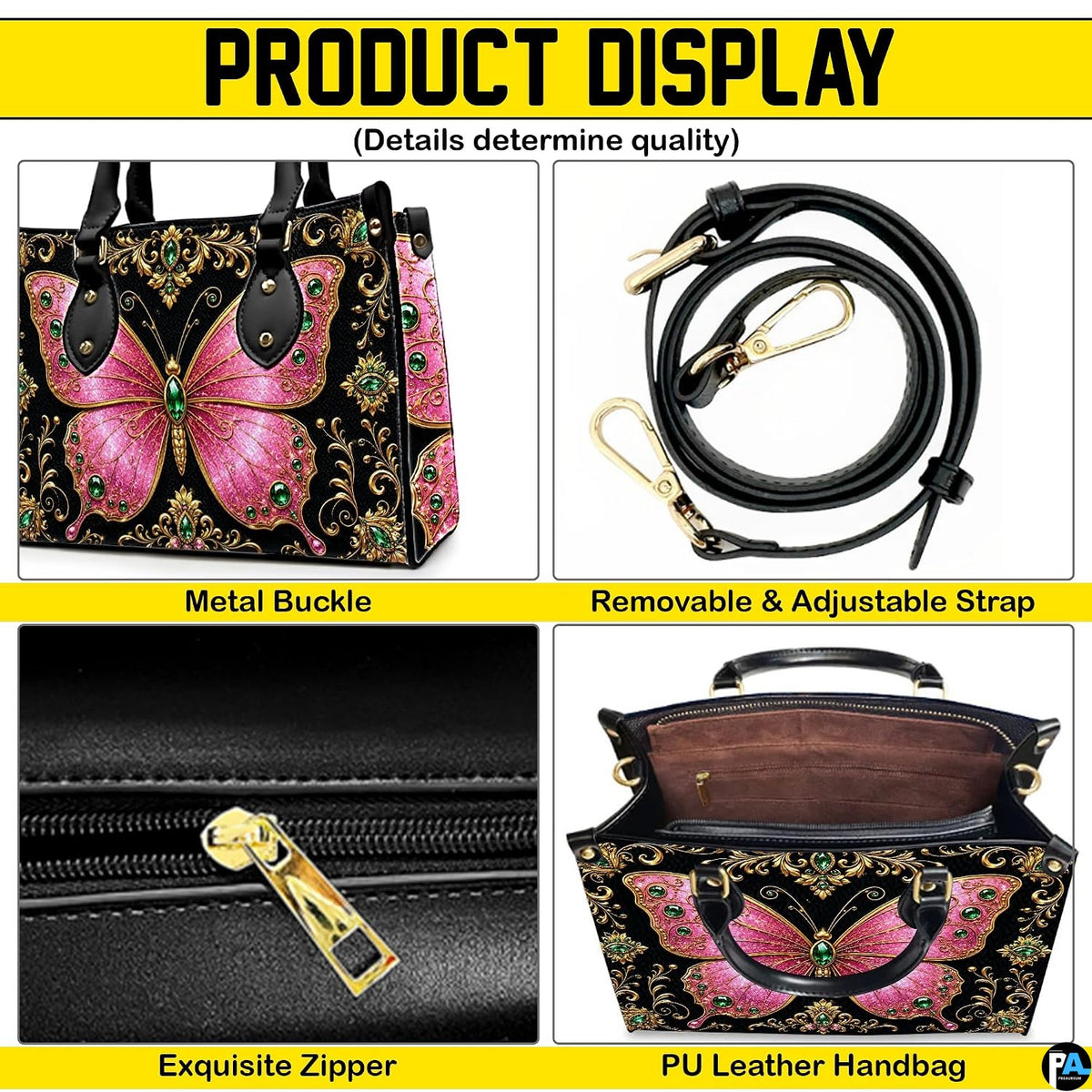 Four paneled composition illustrating decorative views of hardware accents, butterfly motifs, and interior view.