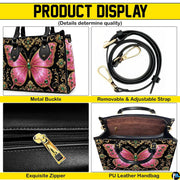 Four paneled composition illustrating decorative views of hardware accents, butterfly motifs, and interior view.
