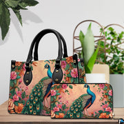 Pink peacock handbag and matching wallet with colorful garden flowers
