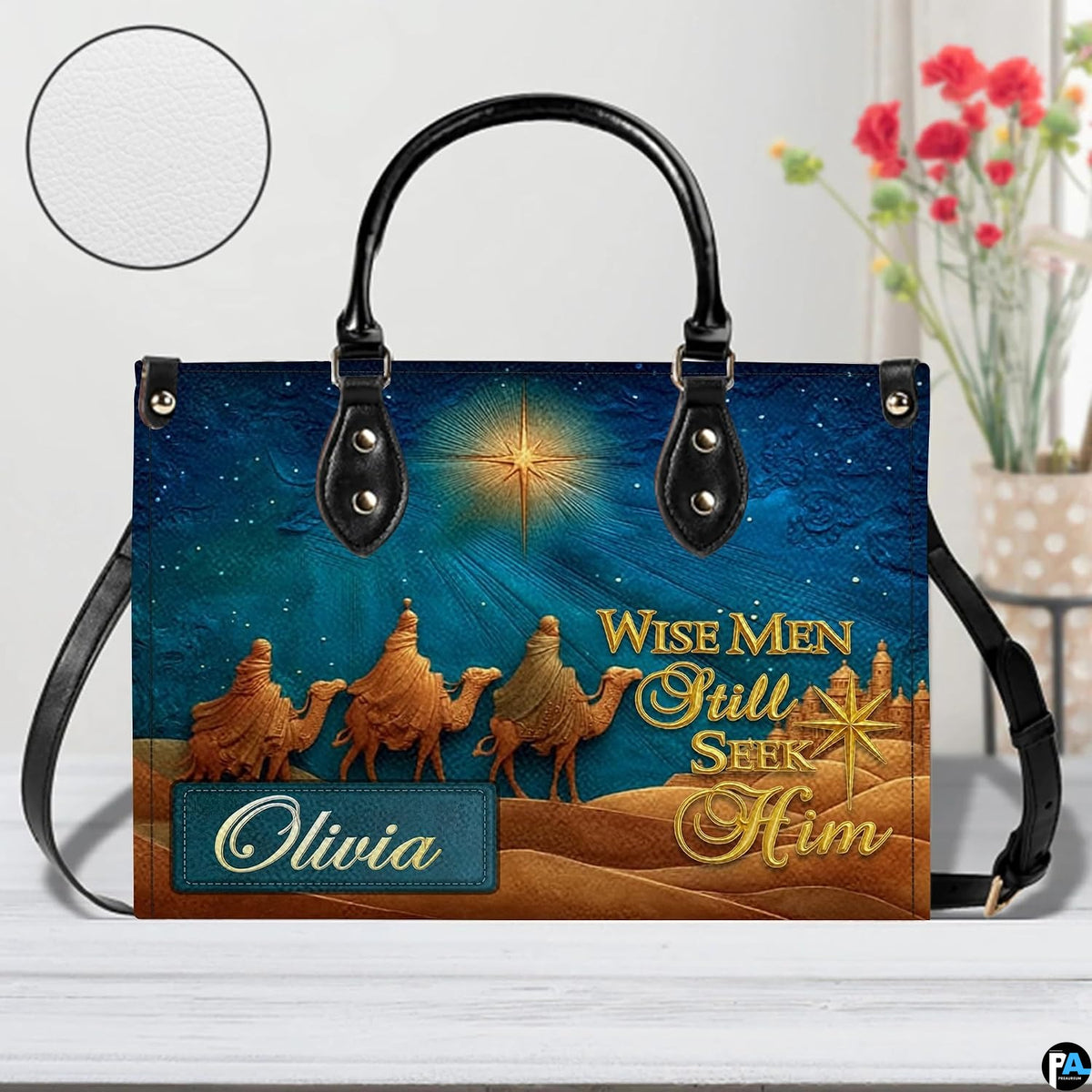 Alternative angle display of three magi desert caravan handbag and matching wallet set