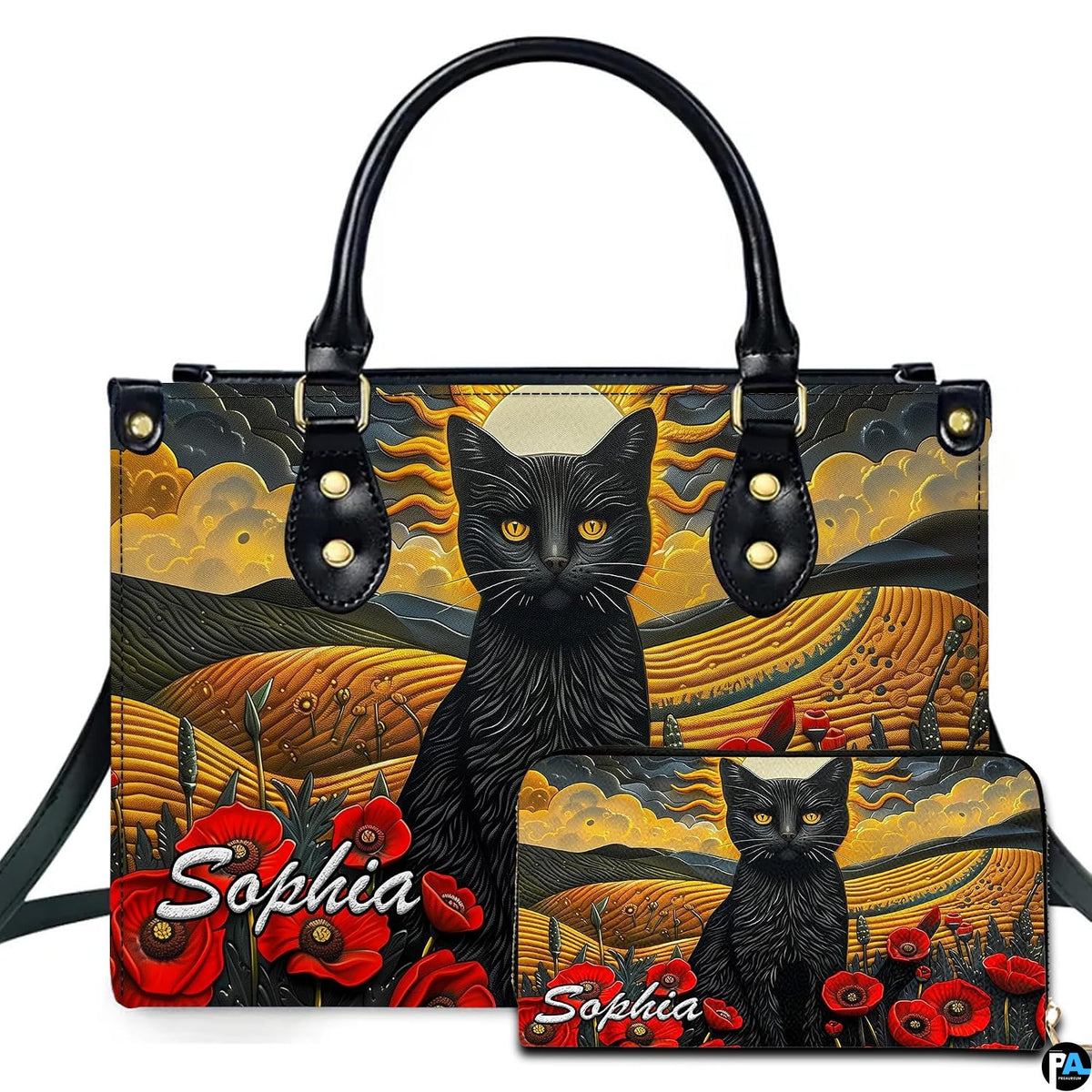 Cat landscape art depicting poppy cat art and red poppies on companion accessories.