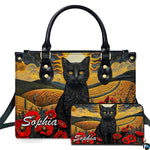 Cat landscape art depicting poppy cat art and red poppies on companion accessories.
