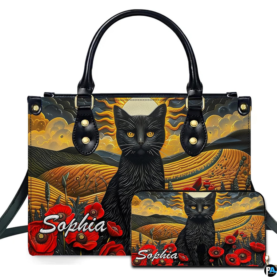 Cat landscape art depicting poppy cat art and red poppies on companion accessories.