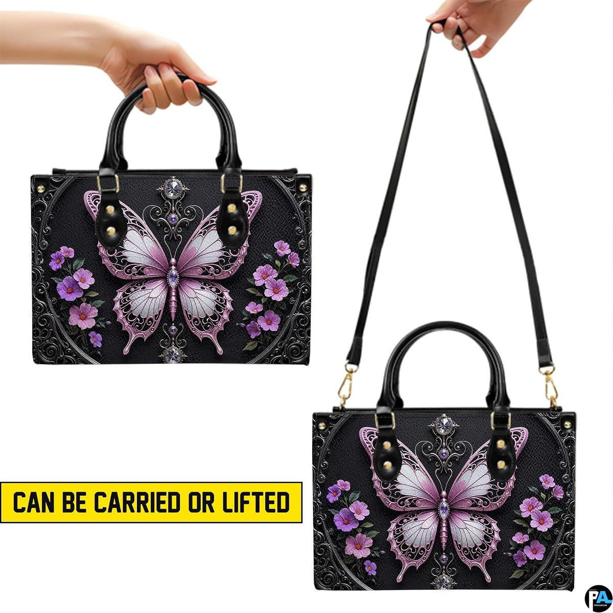 Top view of gothic butterfly handbag showing zippered top closure and dual structured handles