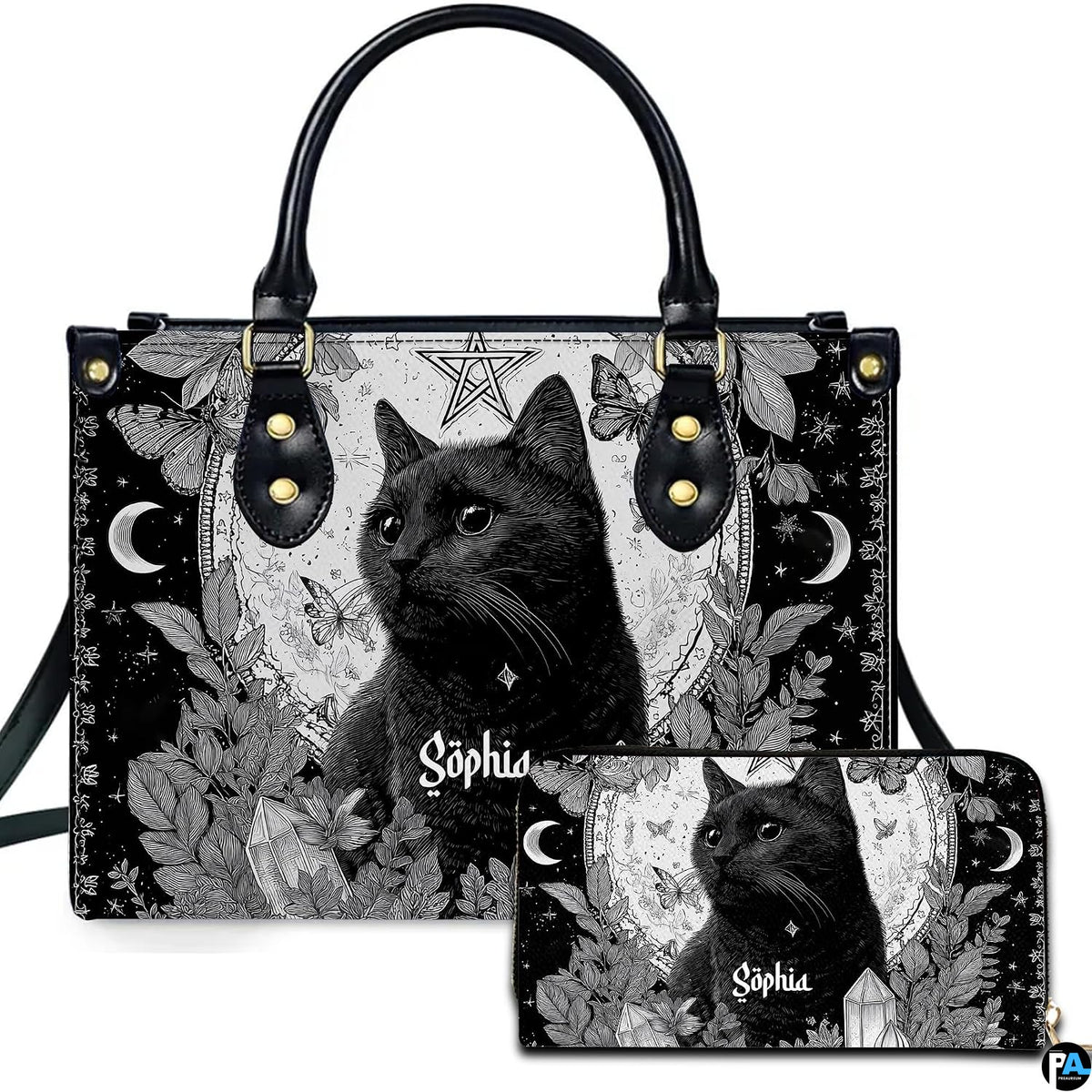 Gothic occult black cat pentagram handbag and matching wallet set displayed upright on white background.