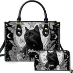 Gothic occult black cat pentagram handbag and matching wallet set displayed upright on white background.
