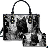 Gothic Occult Black Cat Pentagram Handbag and Matching Wallet Set