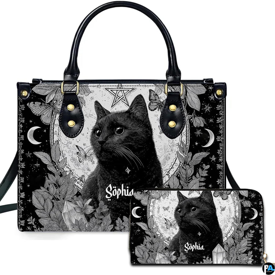 Gothic occult black cat pentagram handbag and matching wallet set displayed upright on white background.