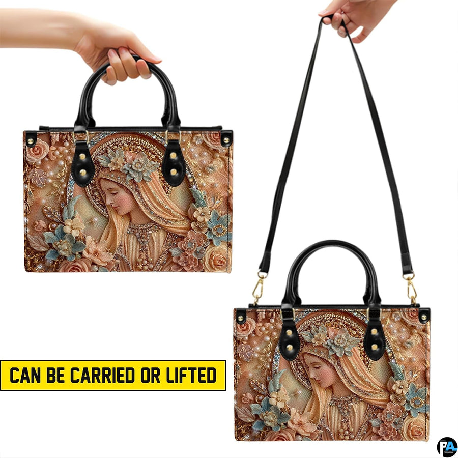 Model walking outdoors carrying porcelain relief floral Virgin Mary handbag.