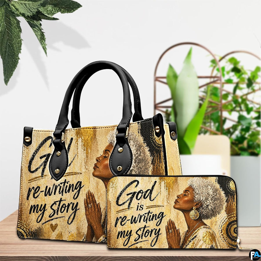 Tabletop presentation showing the golden faith artwork and matching accessory near indoor potted greenery.