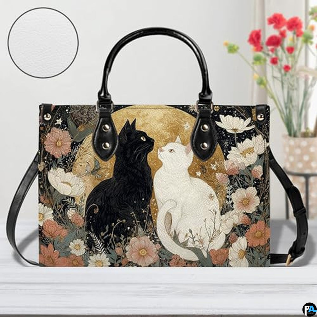 Black Cat Leather Bag – Vintage Cat Art Handbag, Stylish Animal-Themed Purse, Unique Gift for Cat Lovers