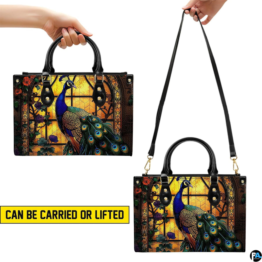 Peacock window handbag shown in top-handle and shoulder carry styles
