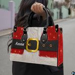 Side profile view displaying clean edge finishing and continuous red glitter pattern wrapping.