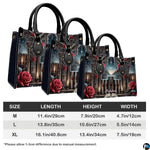 Measurement guide illustration presenting dimensional proportions for three handbag choices.