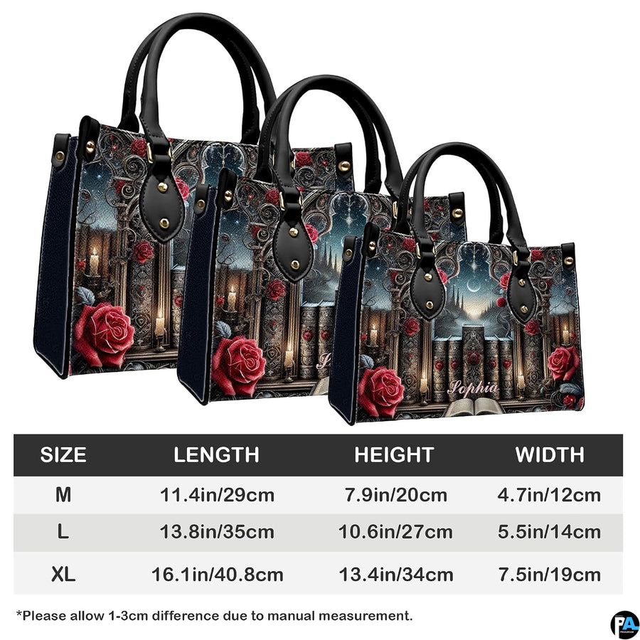 Measurement guide illustration presenting dimensional proportions for three handbag choices.